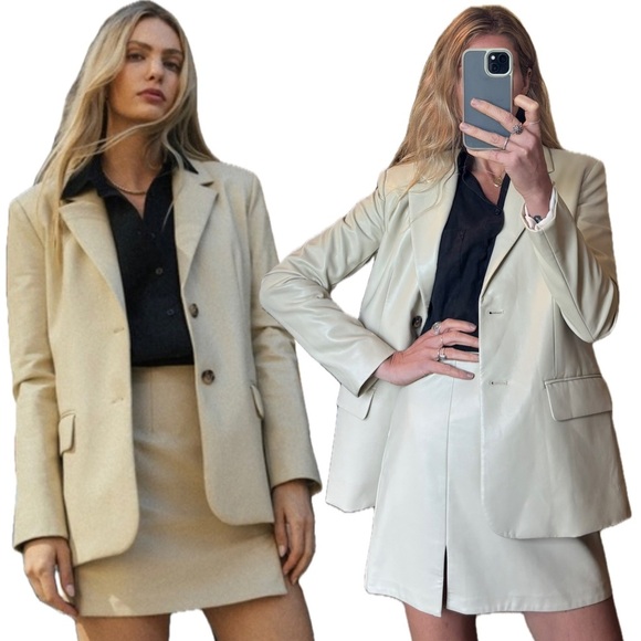 Oak + Fort Cream Vegan Faux Leather A-line Mini Skirt - Picture 1 of 14